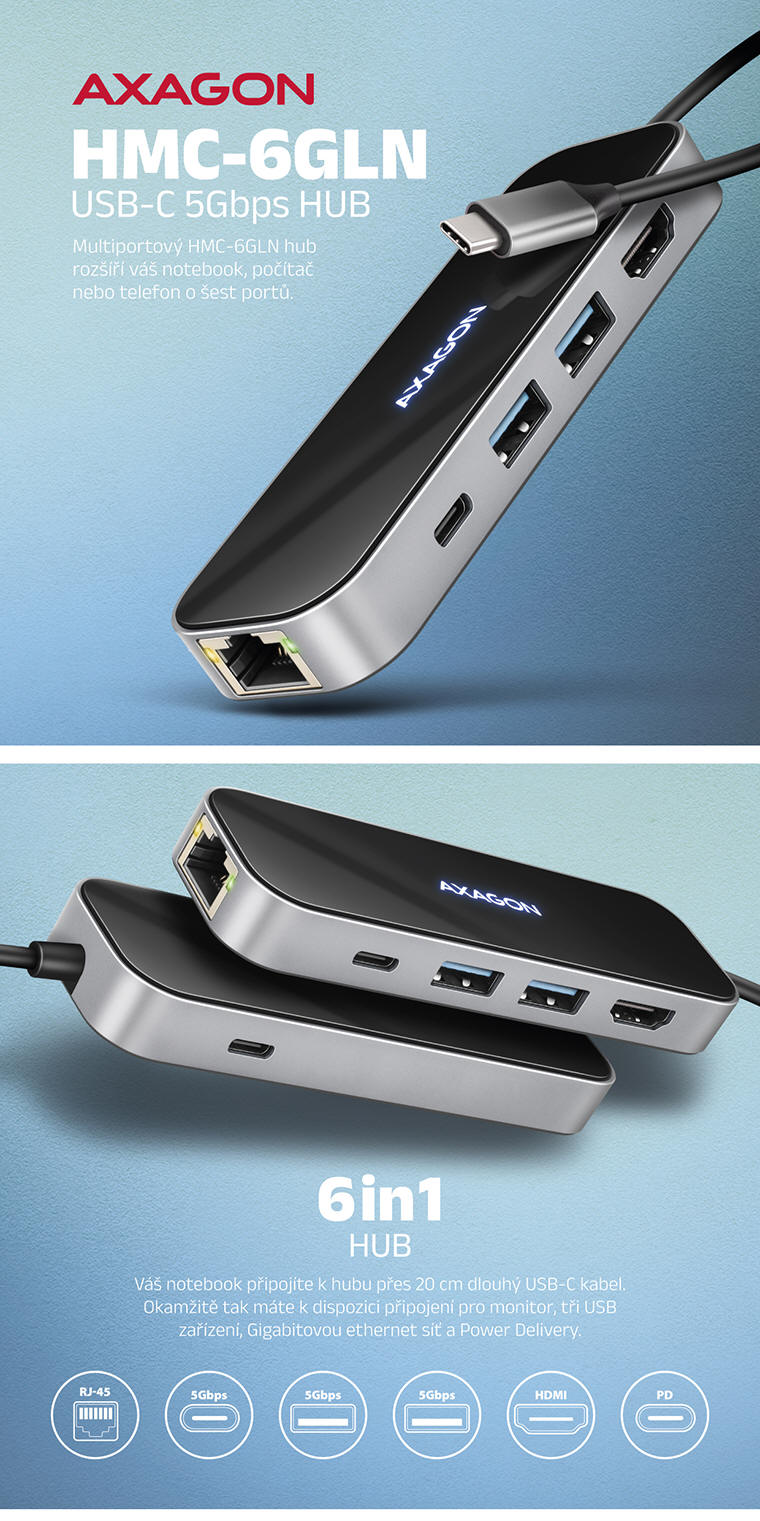 AXAGON HMC-6GLN USB-C 6in1 HUB | Scenario s.r.o.