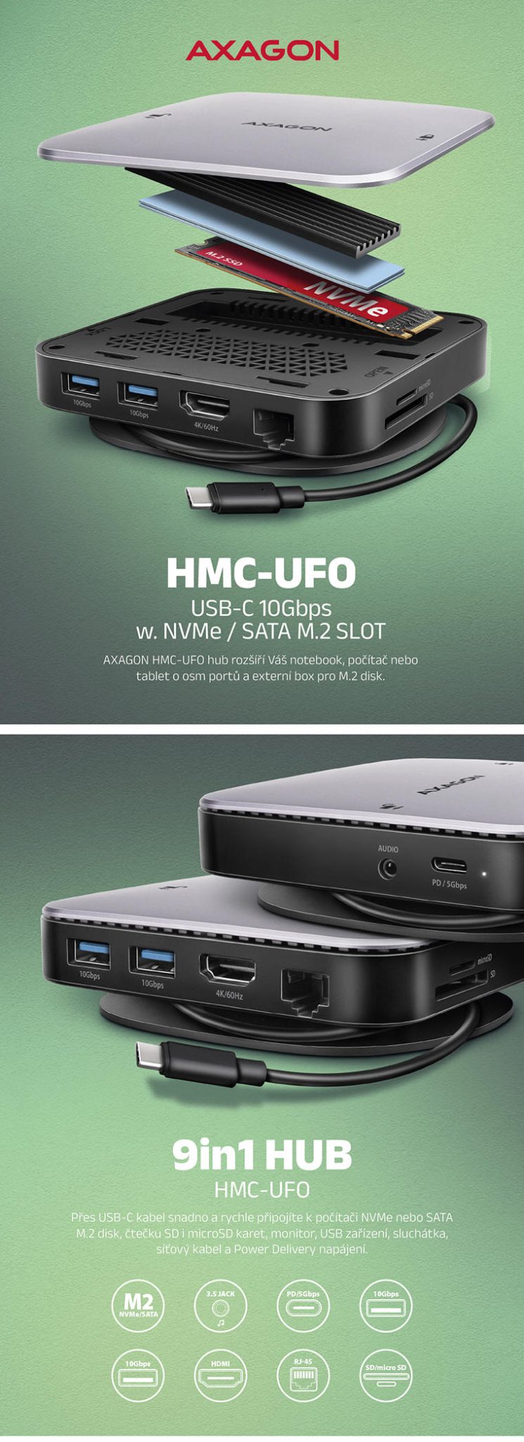 AXAGON HMC-UFO USB-C 9in1 HUB s NVMe/SATA M.2 slot | Scenario s.r.o.