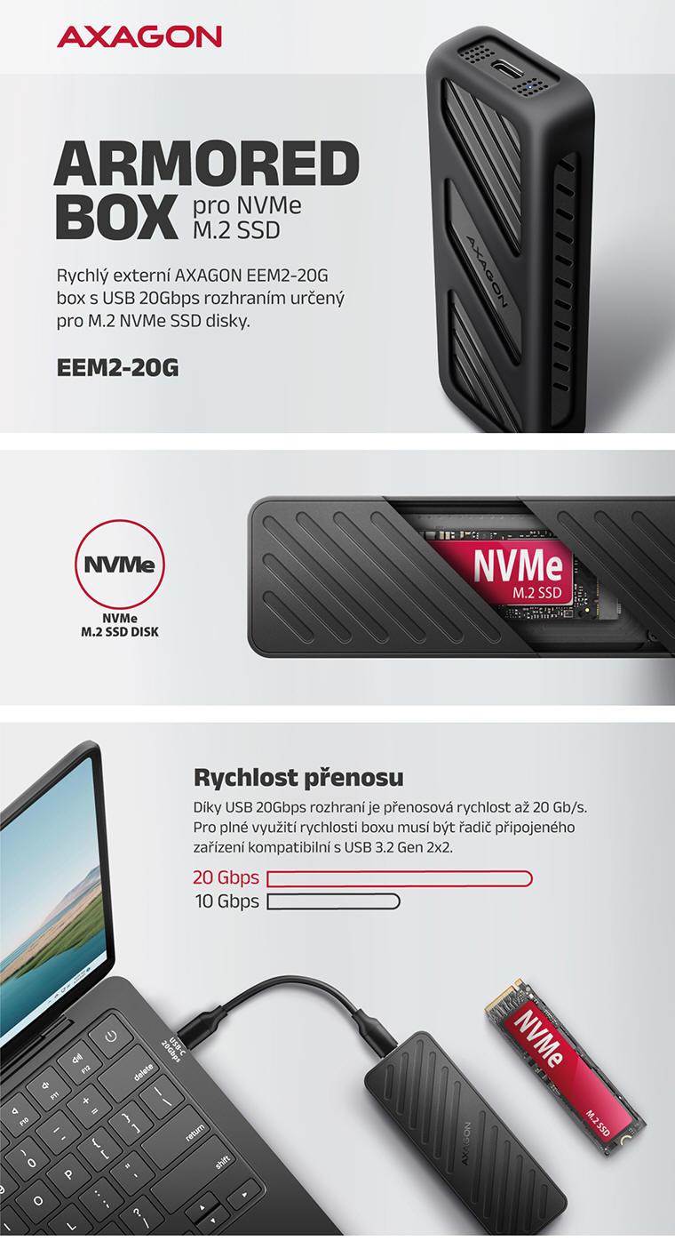 AXAGON EEM2-20G rychlý externí USB-C box pro NVMe disky až 20Gbps | Scenario s.r.o.