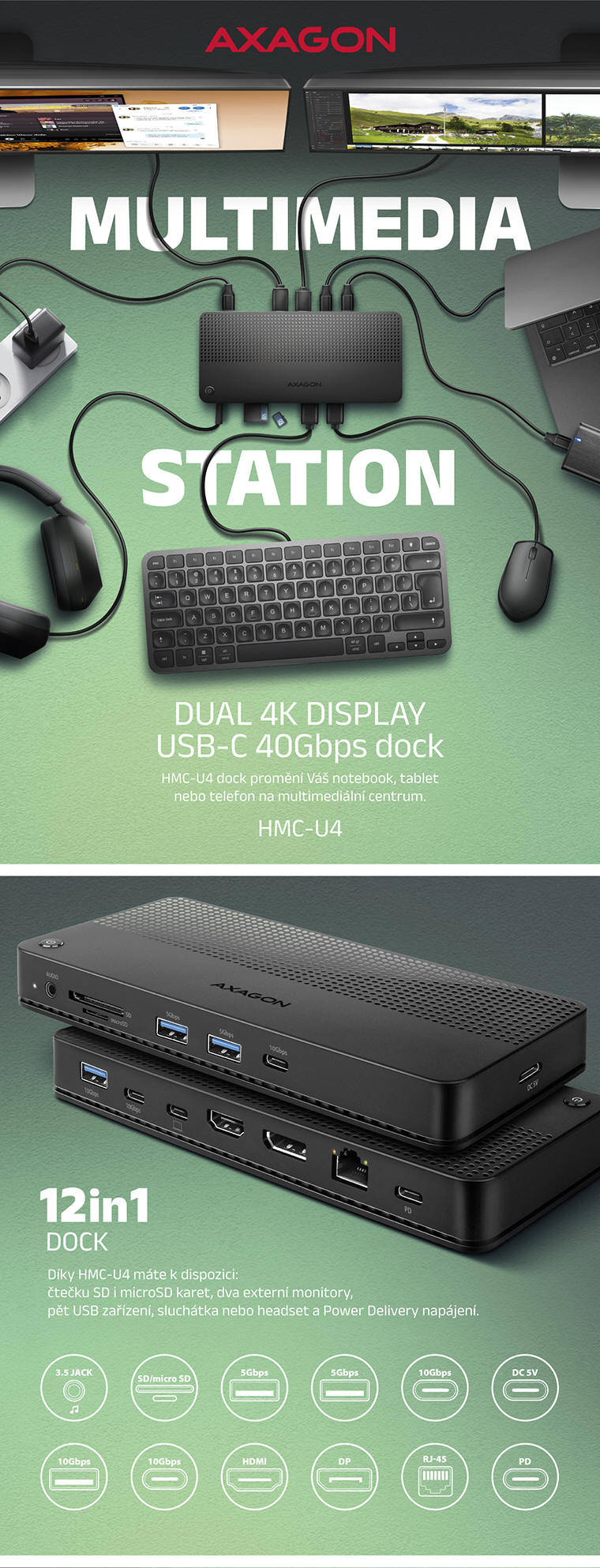 AXAGON HMC-U4 USB-C 12in1 HUB/DOCK až 100W | Scenario s.r.o.