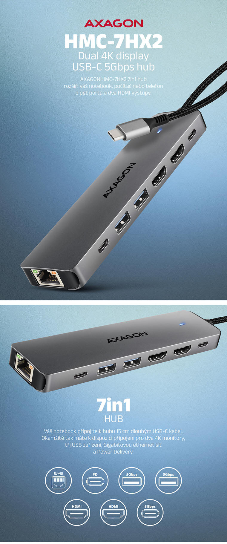 AXAGON HMC-7HX2 USB-C 7in1 HUB 4k | Scenario s.r.o.